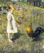 Akseli Gallen-Kallela 'The girl and the rooster' oil
